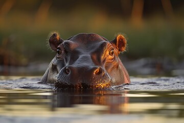 Hippopotamus (hippopotamus) head just above the water in Botswana's Okavango Delta. Generative AI - obrazy, fototapety, plakaty