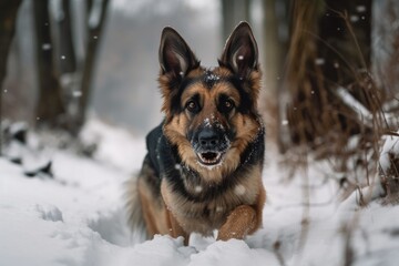 The puppy is frolicking in the snow. A chilly winter walk with a German shepherd. Generative AI