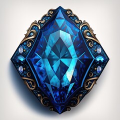 Front view close-up of shining bright blue sapphire gemstone illustration on a white background. AI generative.