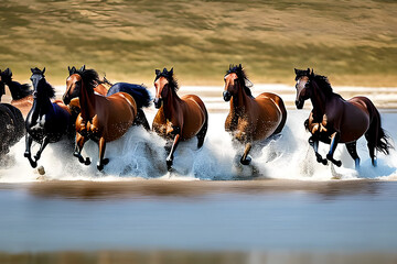 AI generated image of wild horses running on the shallow river. Wild horses are often seen as symbols of freedom and strength