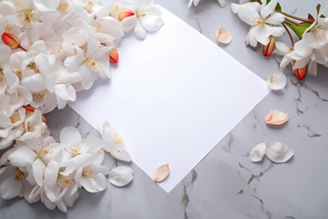 Plain papper sheet letter flowers on table greeting writing creative invitation mockup generative ai