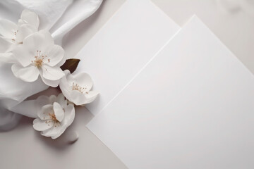 Obraz na płótnie Canvas Clean blank sheets paper on a light background white flowers cherry apple minimalism mocap generative ai