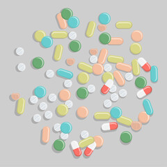 Set of flat icons of tablets and capsules isolated on a gray background. Medicines of various shapes, sizes, colors. Vector illustration of medicine. Hospital, prescription of medicines