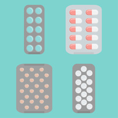 Set of flat pill icons isolated on a blue background. Medicines of different shapes, types and colors. Full blister pack. Vector illustration of medicine. Hospital, prescription of medicines
