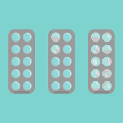 Set of flat pill icons isolated on a blue background. Medicines are round in shape. Blue tablets. Empty blister pack. Vector illustration of medicine. Hospital, prescription of medicines