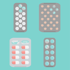 Set of flat pill icons isolated on a blue background. Medicines of different shapes, types and colors. Opened blister pack. Vector illustration of medicine. Hospital, prescription of medicines