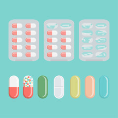 Set of flat capsule icons isolated on a blue background. Medicines are oval in shape. Capsules of different colors. Full, started, empty blister. Vector illustration of medicine. Hospital, appointment