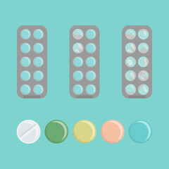 Set of flat pill icons isolated on a blue background. Medicines are round in shape. Tablets of different colors. Full, started, empty blister. Vector illustration of medicine. Hospital, appointment