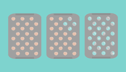 Set of flat pill icons isolated on a blue background. Medication in the shape of a heart. Beige pills. Empty blister pack. Vector illustration of medicine. Hospital, prescription of medicines