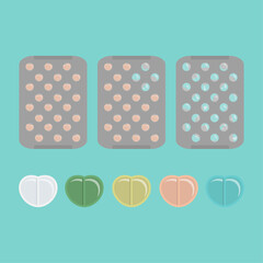 Set of flat pill icons isolated on a blue background. Medication in the shape of a heart. Pills of different colors. Full, started, empty blister. Vector illustration of medicine. Hospital, appointmen