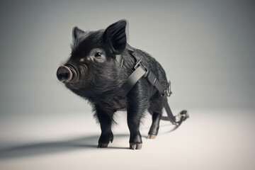 Little Black Piggy in a harness on a leash pet on a white background mini pig cute pet ai generative