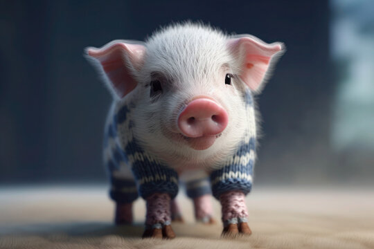 Little piggy mini pig in sweater suit cute character toy realistic generative ai
