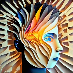 Arrangement of human face elements on the subject of brain, mind, reason, intuition, inner energy and mystic consciousness. Created with generative AI tools. - obrazy, fototapety, plakaty