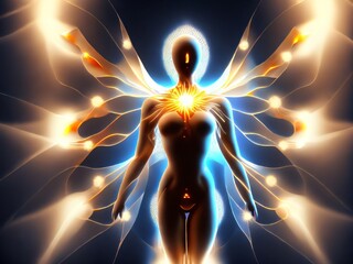 Light Within, human figure, radiating light and fractal elements on the subject of inner energy, astral dimension and spirituality. Inner Light. Lucid Mind. Created with generative AI tools.