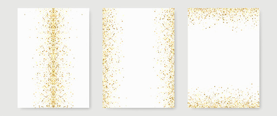 Three gold glitter invitation design templates. Festive design of cards, invitations, brochures. Gold glitters on a white background. - obrazy, fototapety, plakaty