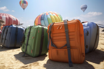 Tourist suitcases on the beach travel balloons luggage summer vacation sunny  generative ai