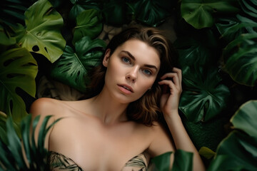 Beautiful  woman without make-up in tropical leaves. Beauty portrait with palm and monstera leaves. Photorealistic illustration generated by AI.