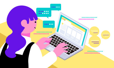 ノートパソコンと女性、チャット型AIを使うシーンをイメージしたイラスト　

