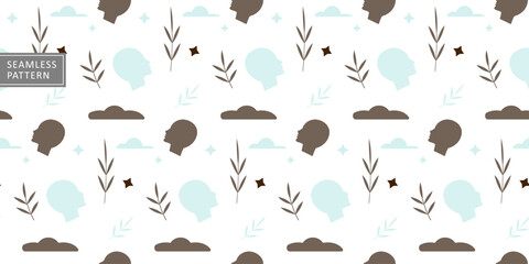 Vector abstract seamless pattern with heads, clouds, branches for textile. printing, wrapping paper, covers