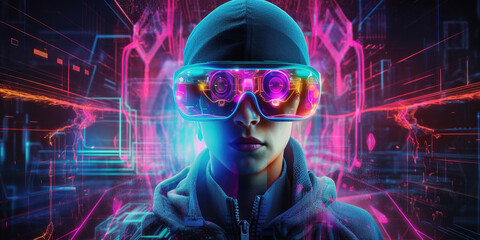 Immersing Yourself in the Neon Virtual World of the Metaverse with Advanced 3D VR Technology.  generative ai.