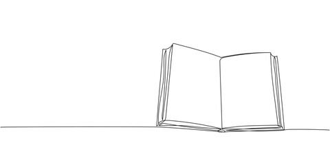 Open notepad, textbook, book on the table one line art. Continuous line drawing of book, library, education, school, study, literature, paper, textbook, knowledge, read, learn, page, reading.
