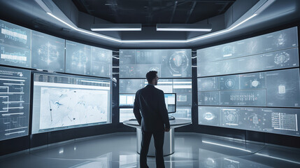 Man Analyzing Data Dashboard with Multiple Meters, Graphs and Charts in Bright White Room: Big Data Network Connection and Artificial Intelligence Technology generative ai.