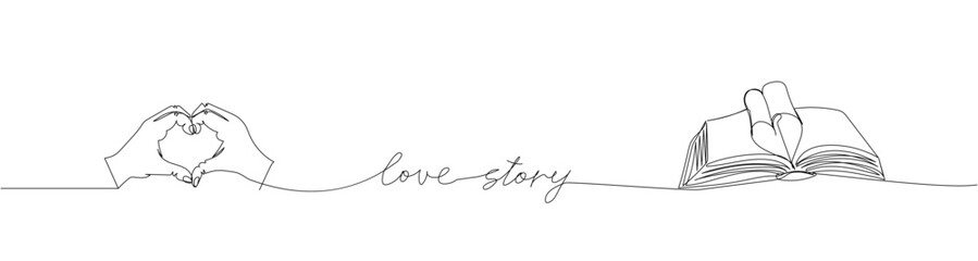 Love story one line art. Continuous line drawing of book, library, novel, study, learn, reading with an inscription, gesture, heart, love, lettering, handwritten.
