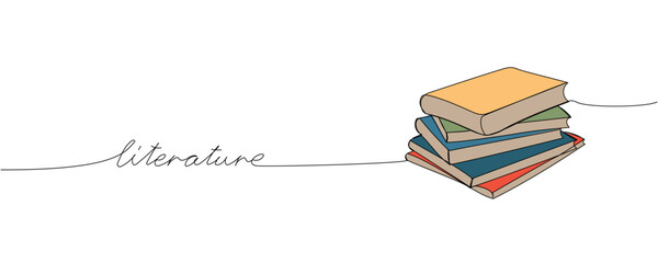 Literature one line colored art. Continuous line color drawing of book, library, school, study, learn, reading with an inscription, lettering, handwritten.