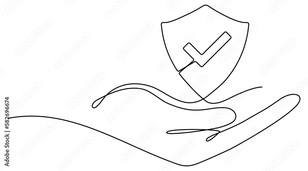Aufkleber hand holding shield with checkmark badge continuous line drawing. approval check guard sign. protect