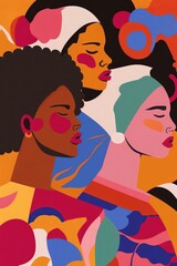 Hand Drawn illustration depicting a group of diverse women in abstract shapes and bold colors for Womens day greeting 