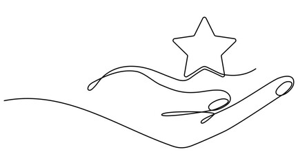 Hand holds star continuous line art drawing. Human arms palms. Rating linear symbol icon. Vector illustration isolated on white.	