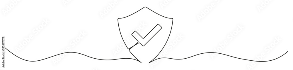 Poster shield with checkmark continuous line art drawn. protect linear symbol. guard hand drawing sign. vec
