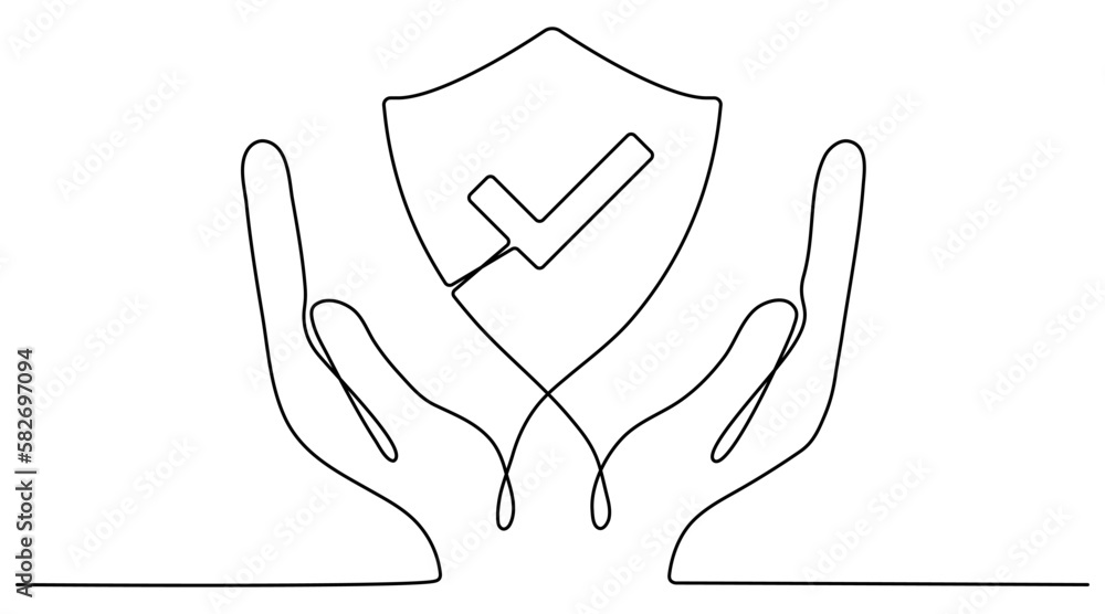 Poster hands holding shield badge continuous line drawing. approval check guard sign. protect linear symbol