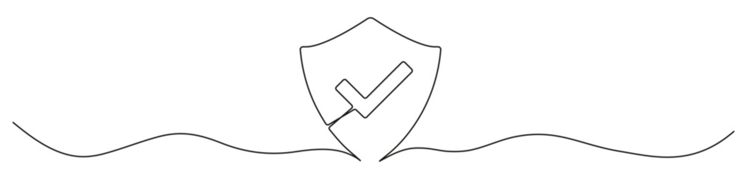 recommend clip art: Shield with checkmark continuous line art drawn. Protect linear symbol. Guard hand drawing sign. Vector illustration isolated on white.