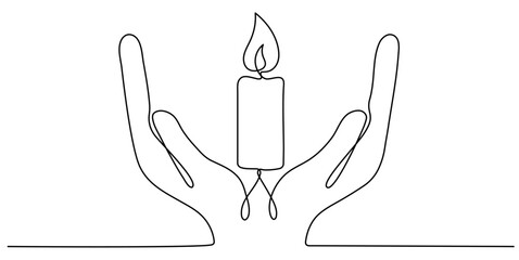 Human hands hold burning candle continuous line drawing art. Memorial linear symbol. Vector illustration isolated on white.