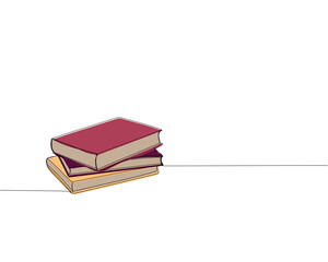 Three books are stacked one line colored art. Continuous line color drawing of book, library, education, school, study, literature, paper, textbook, knowledge, read, learn, page, reading.