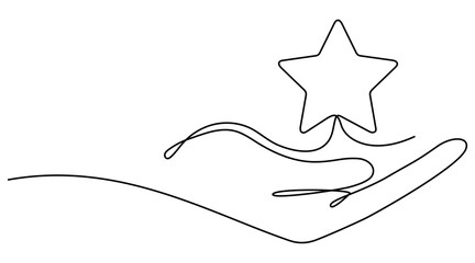 Hand holds star continuous line art drawing. Human arms palms. Rating linear symbol icon. Vector illustration isolated on white.	