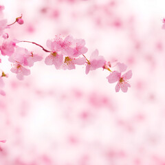 Cherry flowers flutter down, gently pink blurred background, space for your text. generative AI