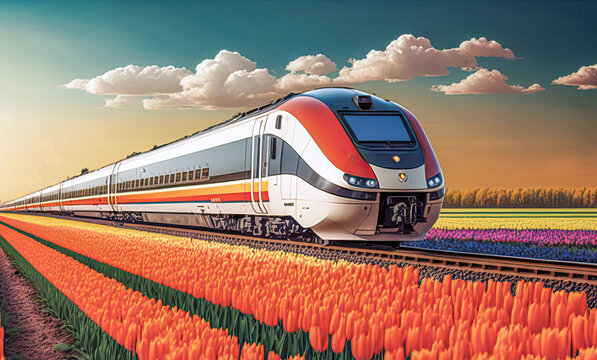 Zug fährt durch ein Tulpenfeld in Holland, ki generated