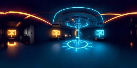 Photo of a neon-lit room with a clock on the wall