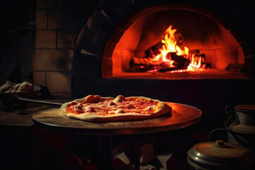 Cooking italian pizza in a wood-fired stone oven. Created with Generative AI technology.