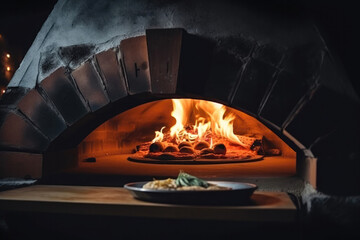 Cooking italian pizza in a wood-fired stone oven. Created with Generative AI technology.