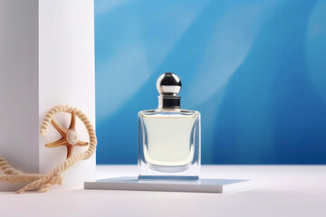 Perfume bottle in marine style. Summer fragrance in perfumery with sea theme. Created with Generative AI technology.