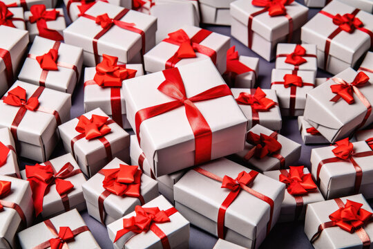 Many gift boxes with red bows are on the floor. Created with Generative AI technology.