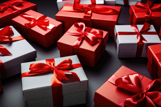Many gift boxes with red bows are on the floor. Created with Generative AI technology.