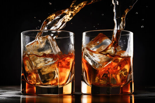 Splash of whiskey with ice cubes. Created with Generative AI technology.