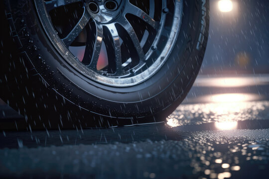 Driving on a slippery rainy road background with vehicle tire close-up. Created with Generative AI technology.