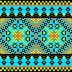 Simple flower embroidery  geometric ethnic seamless pattern on blue background native style abstract vector illustation.Design for clothing,carpet,fabric,tile.