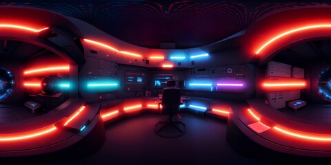 Photo of colorful neon lights and speakers in a vibrant room