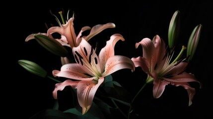 Mysterious lilies on black background, generative ai